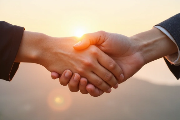 Dvě ruce se spojují v gestu podpory a důvěry